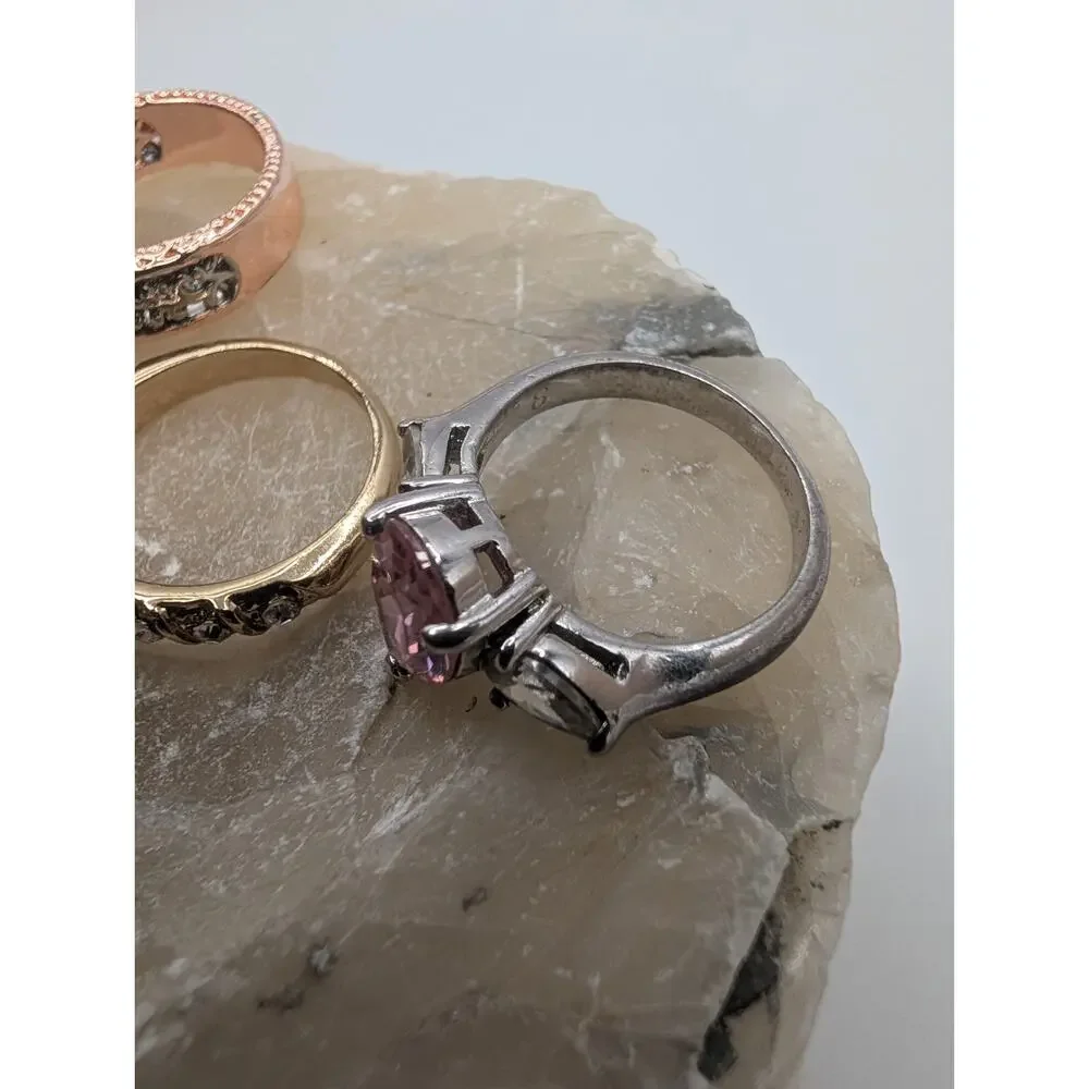 Fashion Rings Set of 3 Rose Gold Silver Tone Pink Stones Earth tones see pics